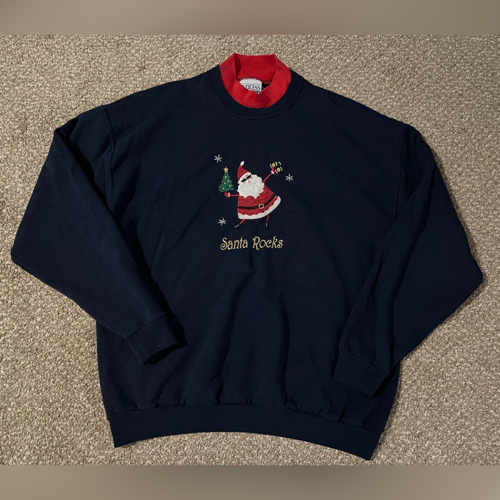 Vintage Endless Designs Santa Rocks Long Sleeve Sweatshirt Mock Neck Christmas